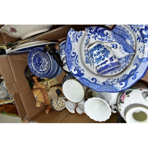 425 - THREE BOXES OF ASSORTED CERAMICS ETC, to include novelty teapots including a Tony Wood two sided Tob... 