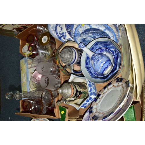 431 - TWO BOXES AND LOOSE CERAMICS, GLASS AND PICTURES ETC, to include two wash basins and jugs, German be... 