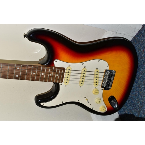 434 - AN EXTREME LEFT HANDED ELECTRIC GUITAR WITH WATSON XL10 AMPLIFIER, the guitar having a sunburst fini... 