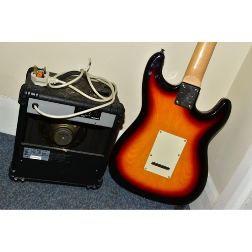 434 - AN EXTREME LEFT HANDED ELECTRIC GUITAR WITH WATSON XL10 AMPLIFIER, the guitar having a sunburst fini... 