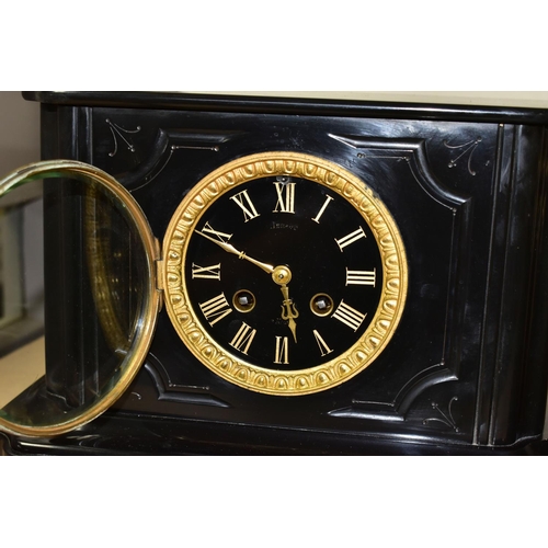 436 - TWO BLACK SLATE MANTEL CLOCKS, one with a black dial and gilt Roman numerals, indistinct name on dia... 