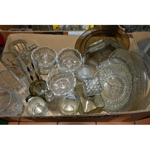 442 - SIX BOXES OF GLASS WARES AND SUNDRY ITEMS, to include an amber decanter of conical form with silver ... 