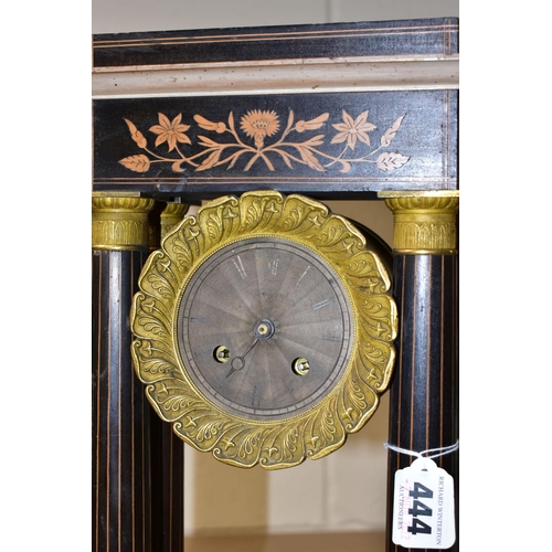 444 - A BLACK EBONISED PORTICO CLOCK, with inlaid floral decoration and banding, the dial having Roman num... 