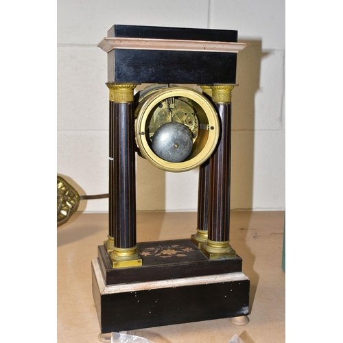 444 - A BLACK EBONISED PORTICO CLOCK, with inlaid floral decoration and banding, the dial having Roman num... 