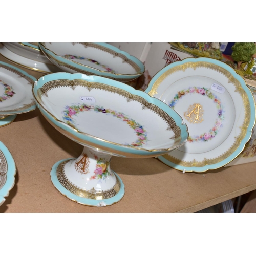 446 - A LATE NINETEENTH CENTURY FRENCH PORCELAIN MONOGRAMMED DINNER AND DESSERT SERVICE, monogrammed with ... 