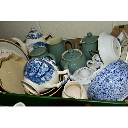 448 - SIX BOXES OF CERAMICS, GLASS WARES AND SUNDRY ITEMS, to include a Denby Regency Green teapot, coffee... 