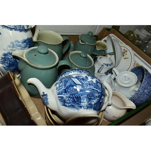 448 - SIX BOXES OF CERAMICS, GLASS WARES AND SUNDRY ITEMS, to include a Denby Regency Green teapot, coffee... 