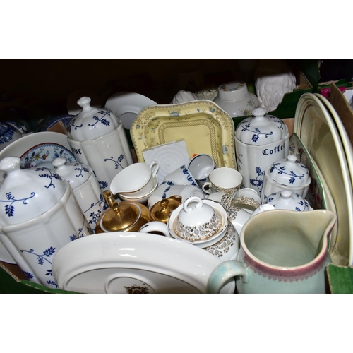 448 - SIX BOXES OF CERAMICS, GLASS WARES AND SUNDRY ITEMS, to include a Denby Regency Green teapot, coffee... 