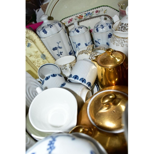 448 - SIX BOXES OF CERAMICS, GLASS WARES AND SUNDRY ITEMS, to include a Denby Regency Green teapot, coffee... 