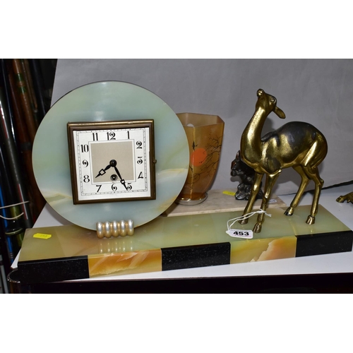 453 - A FRENCH ART DECO MANTEL CLOCK TOGETHER WITH A FRENCH ART DECO TABLE LAMP, the square clock is impre... 