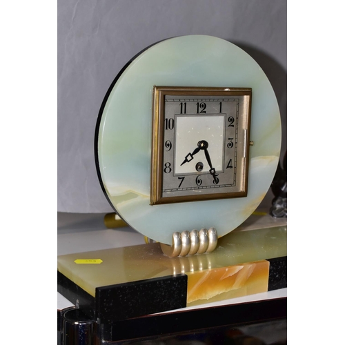 453 - A FRENCH ART DECO MANTEL CLOCK TOGETHER WITH A FRENCH ART DECO TABLE LAMP, the square clock is impre... 