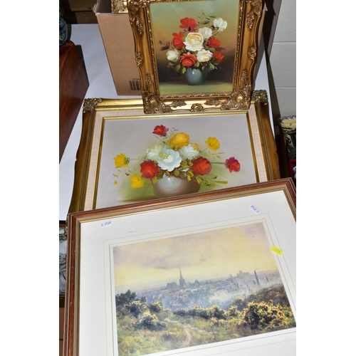 455 - A SMALL COLLECTION OF PAINTINGS AND PRINTS, to include five still life flower study oils on canvas, ... 