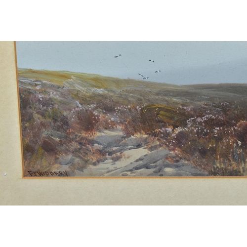 457 - FREDERICK JOHN WIDGERY (1861-1942) A HEATHER MOORLAND LANDSCAPE, pond to the foreground, mist clad h... 