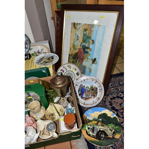 458 - TWO BOXES OF CERAMICS AND TWO OAK FRAMED PICTURES, to include a pair of vintage Koha New Zealand Pau... 