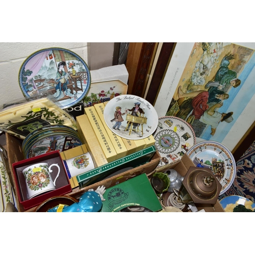 458 - TWO BOXES OF CERAMICS AND TWO OAK FRAMED PICTURES, to include a pair of vintage Koha New Zealand Pau... 