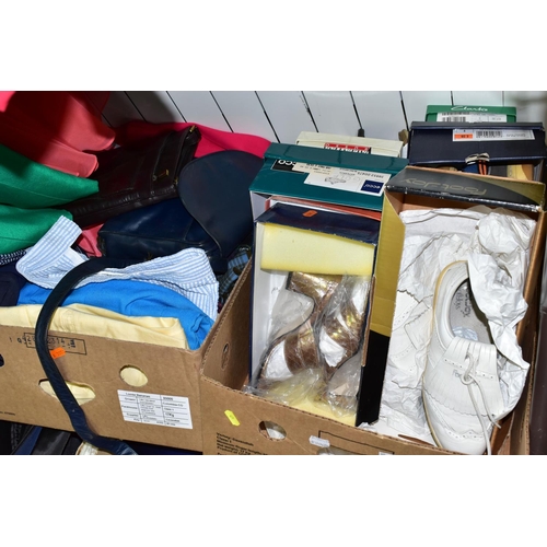 471 - A QUANTITY OF LADIES' CLOTHING, SHOES AND ACCESSORIES ETC, to include a red Frank Usher evening dres... 