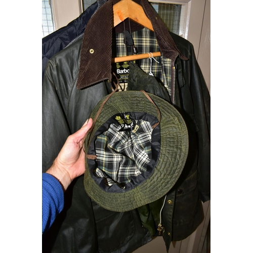 472 - A MEN'S BARBOUR BEDALE JACKET, size 38 with detachable hood and a Barbour waxed bucket hat size medi... 