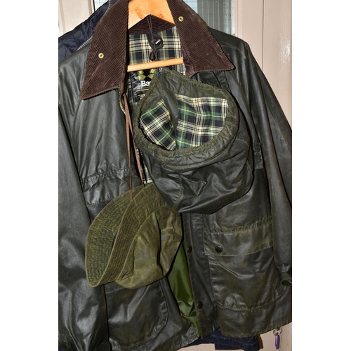 472 - A MEN'S BARBOUR BEDALE JACKET, size 38 with detachable hood and a Barbour waxed bucket hat size medi... 