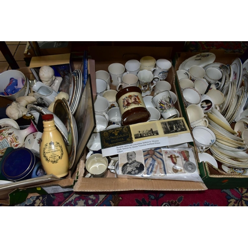 476 - THREE BOXES OF ROYAL AND MILITARY COMMEMORATIVE CERAMICS, ETC, to include boxed Coalport and Crown S... 