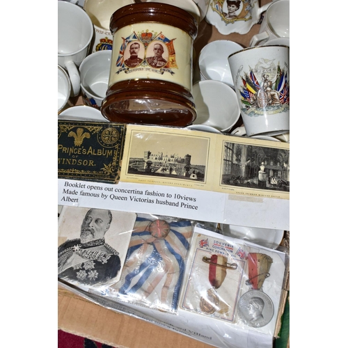 476 - THREE BOXES OF ROYAL AND MILITARY COMMEMORATIVE CERAMICS, ETC, to include boxed Coalport and Crown S... 