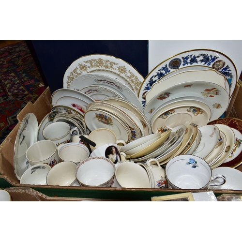 476 - THREE BOXES OF ROYAL AND MILITARY COMMEMORATIVE CERAMICS, ETC, to include boxed Coalport and Crown S... 