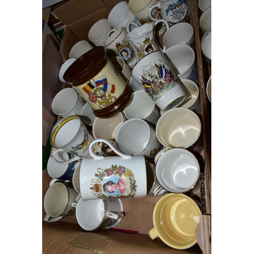 476 - THREE BOXES OF ROYAL AND MILITARY COMMEMORATIVE CERAMICS, ETC, to include boxed Coalport and Crown S... 