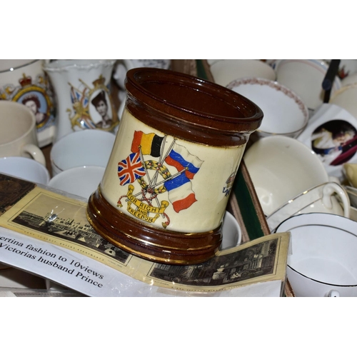 476 - THREE BOXES OF ROYAL AND MILITARY COMMEMORATIVE CERAMICS, ETC, to include boxed Coalport and Crown S... 