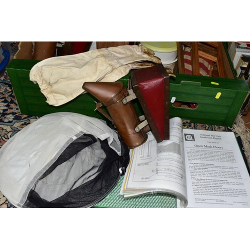 481 - THREE BOXES AND LOOSE BEE KEEPING EQUIPMENT, to include hats, suits, smokers, frames, tools, a trave... 