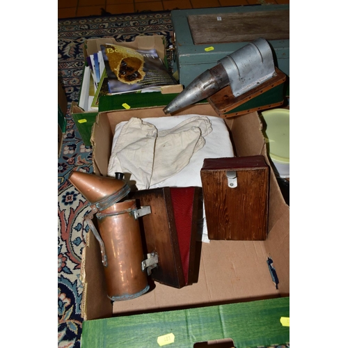 481 - THREE BOXES AND LOOSE BEE KEEPING EQUIPMENT, to include hats, suits, smokers, frames, tools, a trave... 