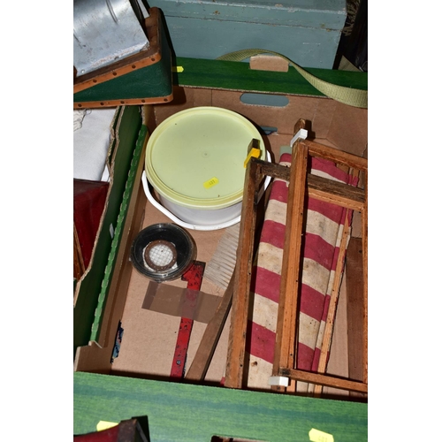 481 - THREE BOXES AND LOOSE BEE KEEPING EQUIPMENT, to include hats, suits, smokers, frames, tools, a trave... 