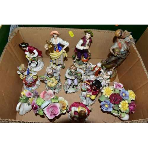 485 - FOUR BOXES OF CONTINENTAL PORCELAIN FIGURINES, CERAMIC ORNAMENTS AND DINNER WARES, to include a pair... 