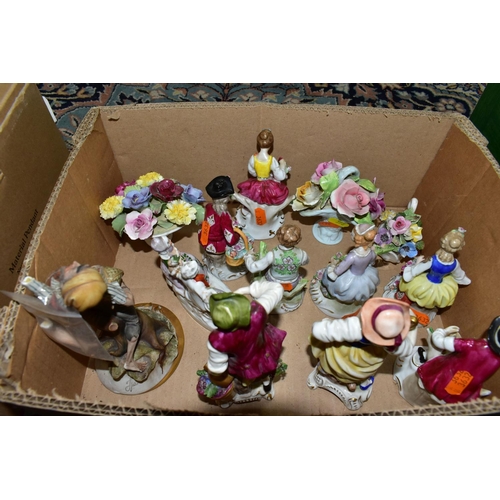 485 - FOUR BOXES OF CONTINENTAL PORCELAIN FIGURINES, CERAMIC ORNAMENTS AND DINNER WARES, to include a pair... 