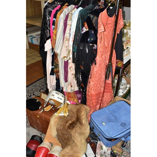 486 - A QUANTITY OF VINTAGE CLOTHING AND ACCESSORIES, comprising a 1930's black satin long sleeved top wit... 