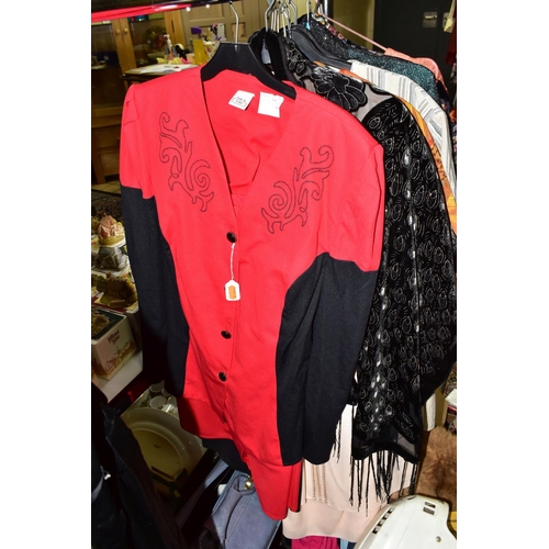 486 - A QUANTITY OF VINTAGE CLOTHING AND ACCESSORIES, comprising a 1930's black satin long sleeved top wit... 