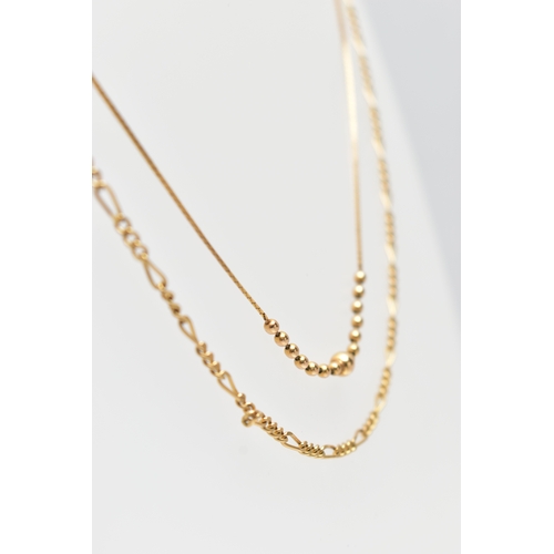 39 - TWO CHAIN NECKLACES, the first a 9ct gold figaro chain necklace, fitted with a spring clasp, approxi... 