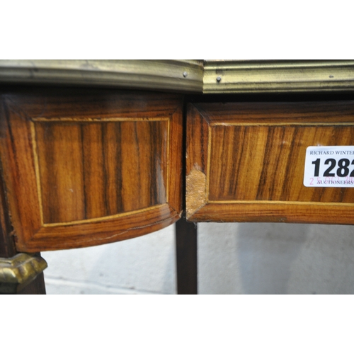 1197 - A 20TH CENTURY FRENCH WALNUT AND KINGWOOD KIDNEY SIDE TABLE, with a brass border and mounts, single ... 