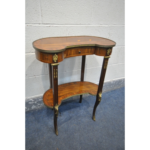 1197 - A 20TH CENTURY FRENCH WALNUT AND KINGWOOD KIDNEY SIDE TABLE, with a brass border and mounts, single ... 