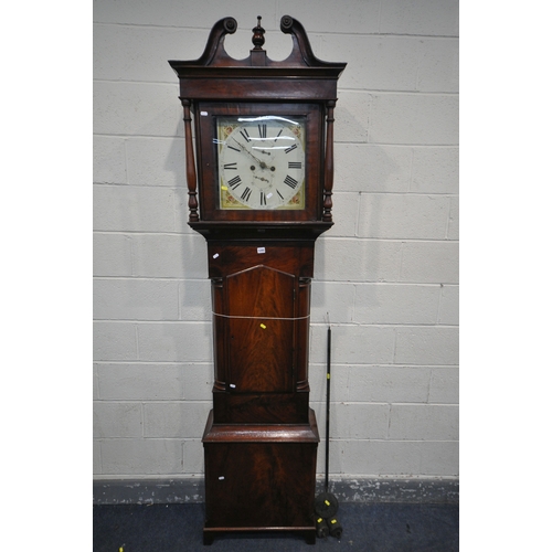 1199 - A GEORGE IV MAHOGANY EIGHT DAY LONGCASE CLOCK, the hood enclosing a painted 13 inch dial, with roman... 