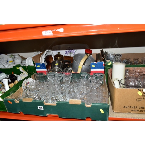 406 - SEVEN BOXES OF GLASSWARE, ORNAMENTS AND TEA WARES,  to include a pair of costume jewellery clip-on e... 