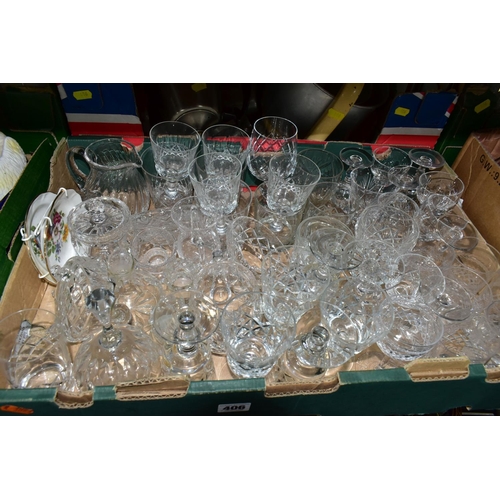 406 - SEVEN BOXES OF GLASSWARE, ORNAMENTS AND TEA WARES,  to include a pair of costume jewellery clip-on e... 