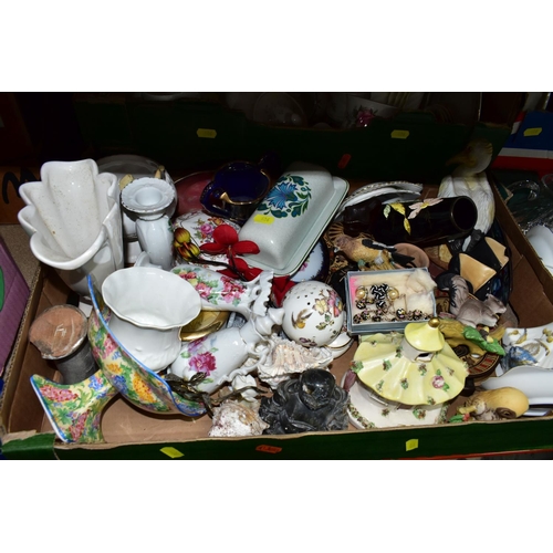 406 - SEVEN BOXES OF GLASSWARE, ORNAMENTS AND TEA WARES,  to include a pair of costume jewellery clip-on e... 