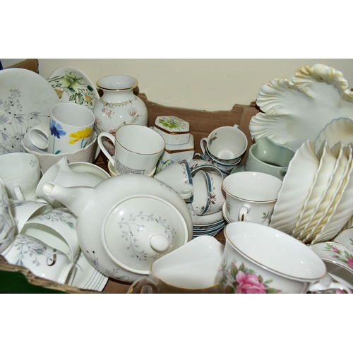 406 - SEVEN BOXES OF GLASSWARE, ORNAMENTS AND TEA WARES,  to include a pair of costume jewellery clip-on e... 