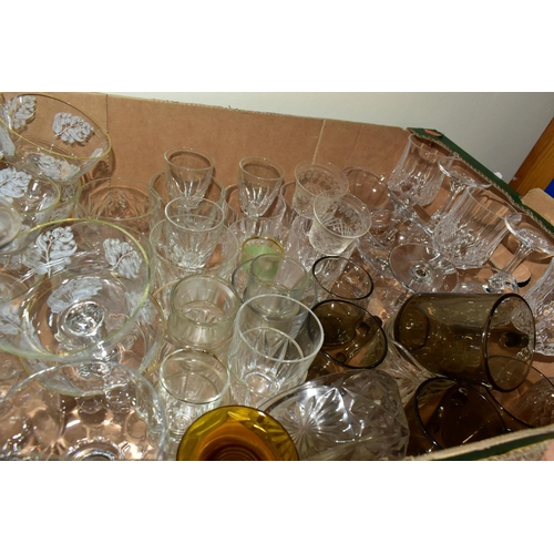 406 - SEVEN BOXES OF GLASSWARE, ORNAMENTS AND TEA WARES,  to include a pair of costume jewellery clip-on e... 