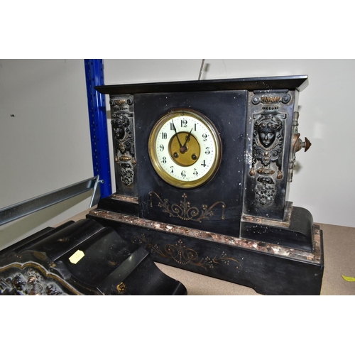 409 - A LARGE VICTORIAN BLACK SLATE AND MARBLE MANTEL CLOCK IN NEED OF SOME ATTENTION, the shaped case the... 