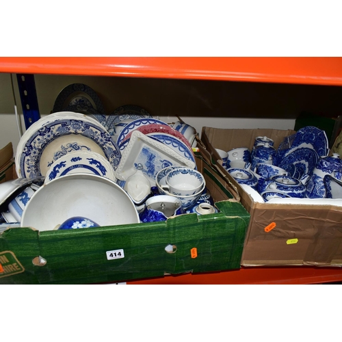 414 - THREE BOXES OF BLUE AND WHITE CERAMICS, to include eighteen pieces of George Jones & Sons 'Abbey 179... 