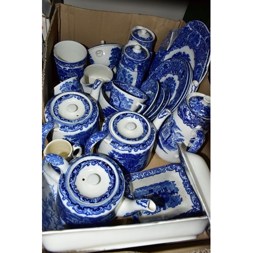 414 - THREE BOXES OF BLUE AND WHITE CERAMICS, to include eighteen pieces of George Jones & Sons 'Abbey 179... 