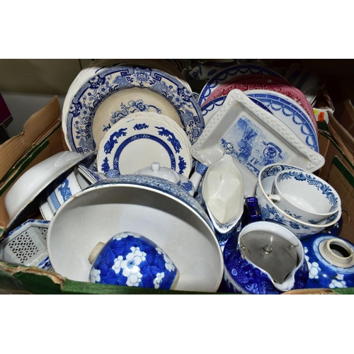 414 - THREE BOXES OF BLUE AND WHITE CERAMICS, to include eighteen pieces of George Jones & Sons 'Abbey 179... 