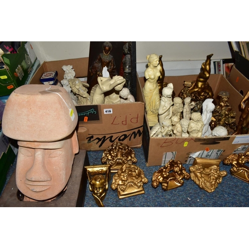 416 - TWO BOXES AND LOOSE SCULPTURES, to include a large terracotta Easter Island style bust height 43cm, ... 