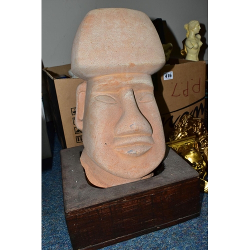 416 - TWO BOXES AND LOOSE SCULPTURES, to include a large terracotta Easter Island style bust height 43cm, ... 