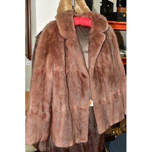 419 - TWO UNBRANDED FURS AND WALKING STICKS ETC, comprising a brown fur coat, a light brown jacket, a faux... 